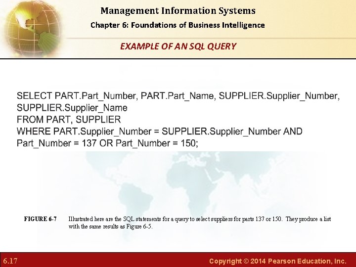 Management Information Systems Chapter 6: Foundations of Business Intelligence EXAMPLE OF AN SQL QUERY