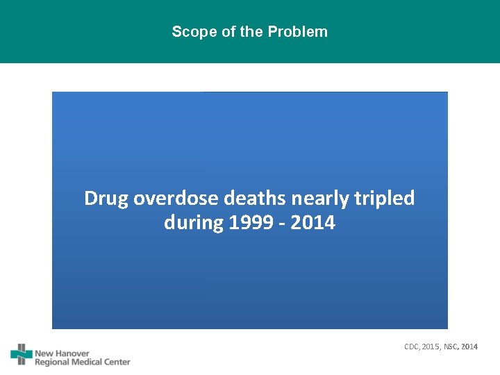 Scope of the Problem Drug overdose deaths nearly tripled during 1999 - 2014 CDC,