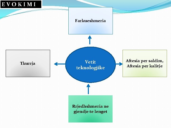 EVOKIMI Farkueshmeria Tkurrja Vetit teknologjike Rrjedhshmeria ne gjendje te lenget Aftesia per saldim, Aftesia