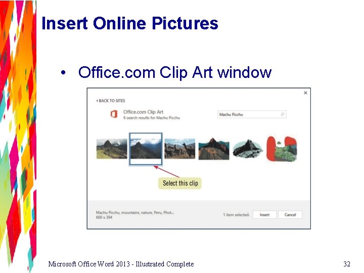 Insert Online Pictures • Office. com Clip Art window Microsoft Office Word 2013 -