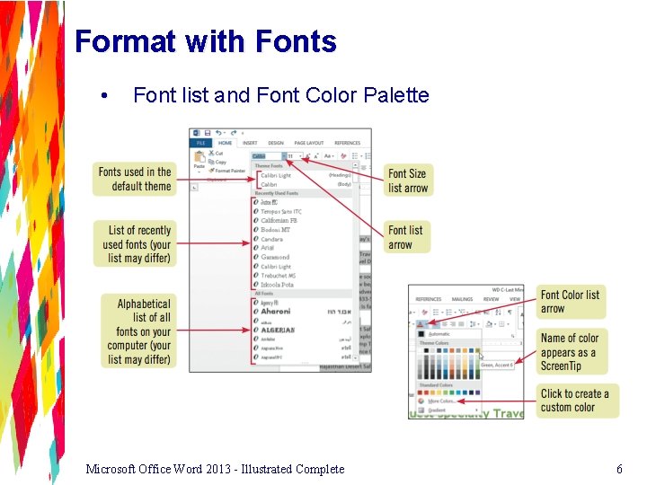 Format with Fonts • Font list and Font Color Palette Microsoft Office Word 2013