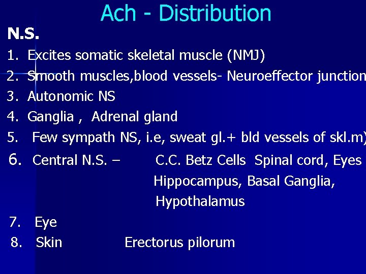  N. S. Ach - Distribution 1. Excites somatic skeletal muscle (NMJ) 2. Smooth