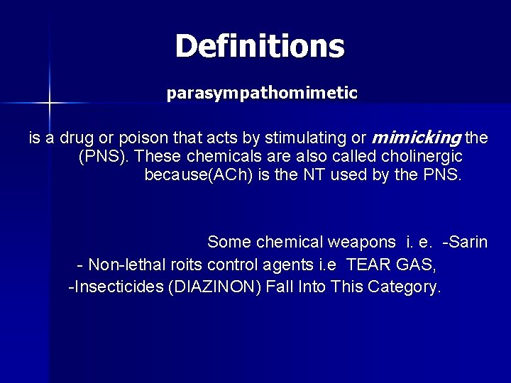 Definitions parasympathomimetic is a drug or poison that acts by stimulating or mimicking the