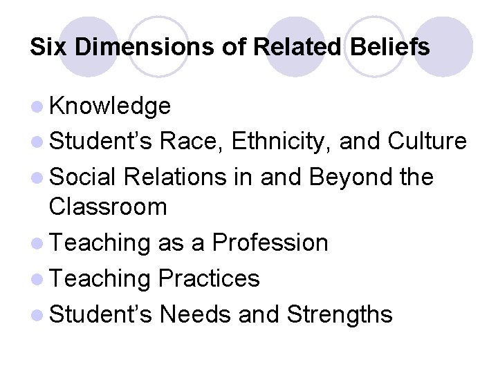 Six Dimensions of Related Beliefs l Knowledge l Student’s Race, Ethnicity, and Culture l