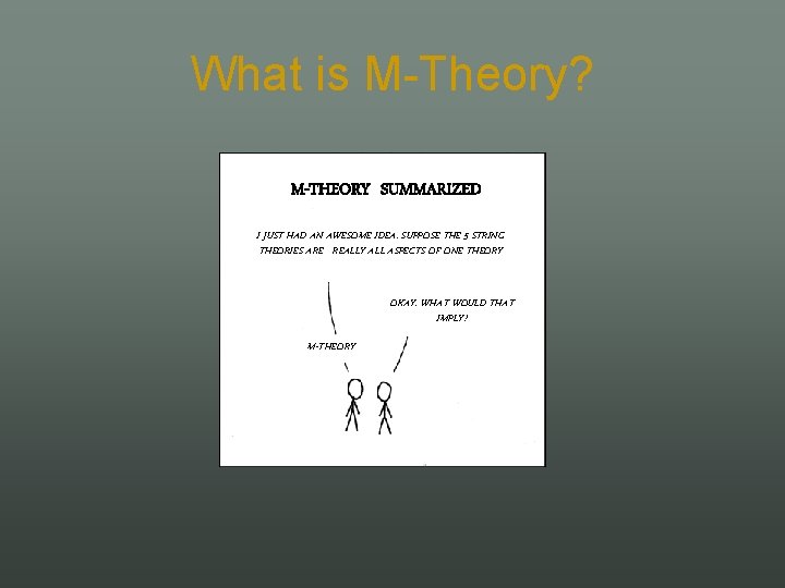 What is M Theory? M-THEORY SUMMARIZED I JUST HAD AN AWESOME IDEA. SUPPOSE THE