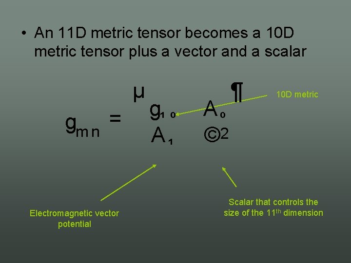  • An 11 D metric tensor becomes a 10 D metric tensor plus