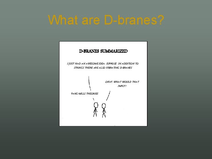 What are D branes? D-BRANES SUMMARIZED I JUST HAD AN AWESOME IDEA. SUPPOSE IN