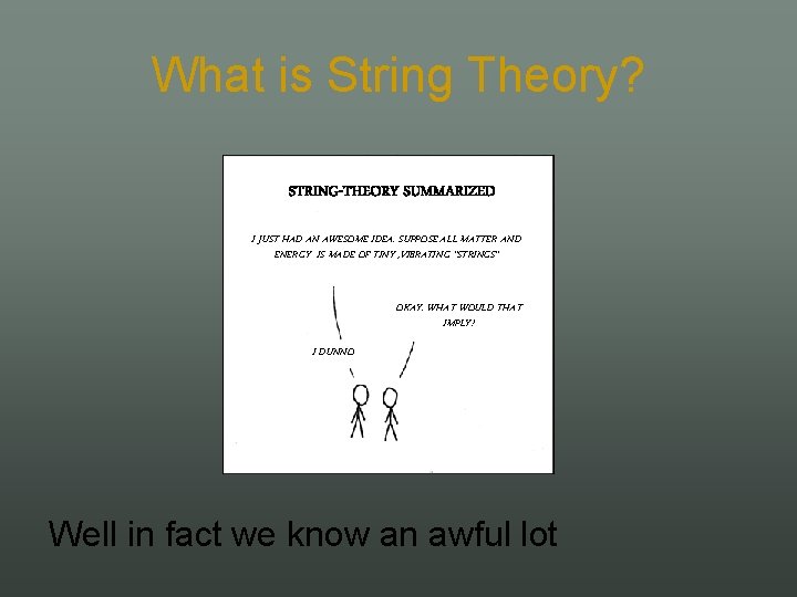 What is String Theory? STRING-THEORY SUMMARIZED I JUST HAD AN AWESOME IDEA. SUPPOSE ALL