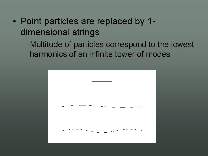  • Point particles are replaced by 1 dimensional strings – Multitude of particles