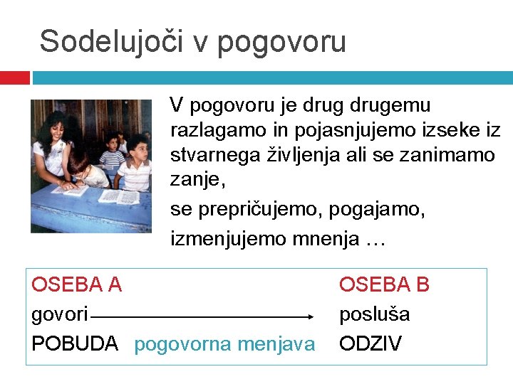 Sodelujoči v pogovoru V pogovoru je drugemu razlagamo in pojasnjujemo izseke iz stvarnega življenja