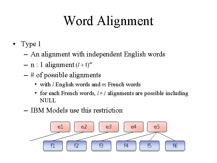 Word Alignment • Type 1 – An alignment with independent English words – n Word Alignment • Type 1 – An alignment with independent English words – n