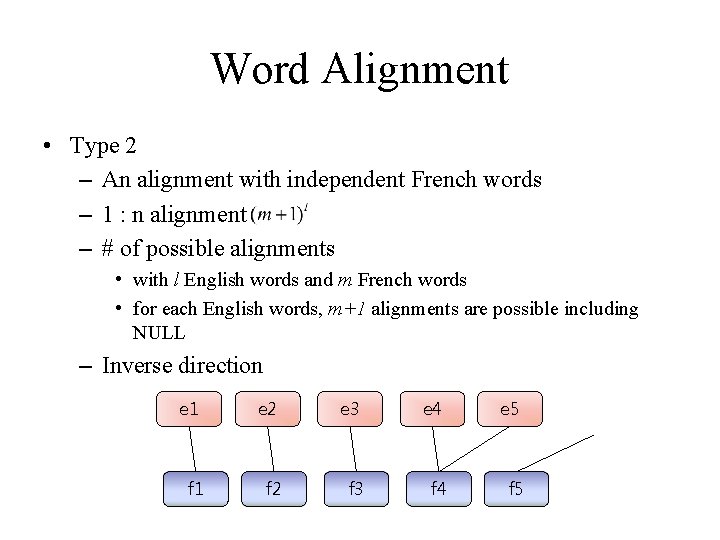 Word Alignment • Type 2 – An alignment with independent French words – 1 Word Alignment • Type 2 – An alignment with independent French words – 1
