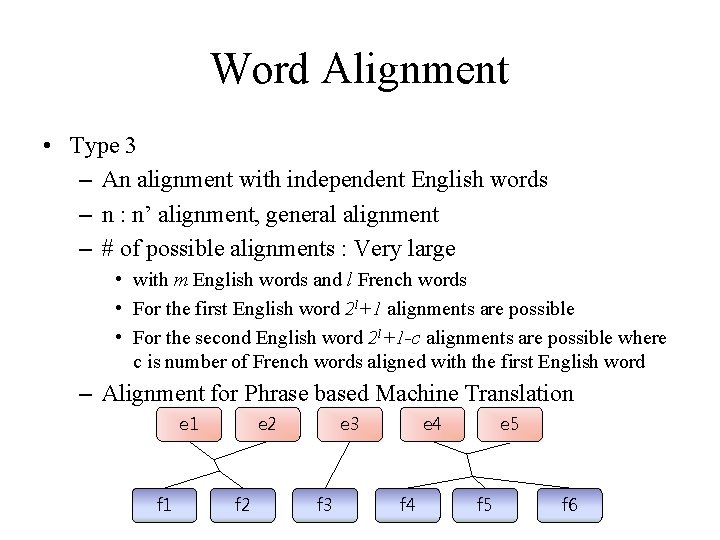 Word Alignment • Type 3 – An alignment with independent English words – n Word Alignment • Type 3 – An alignment with independent English words – n