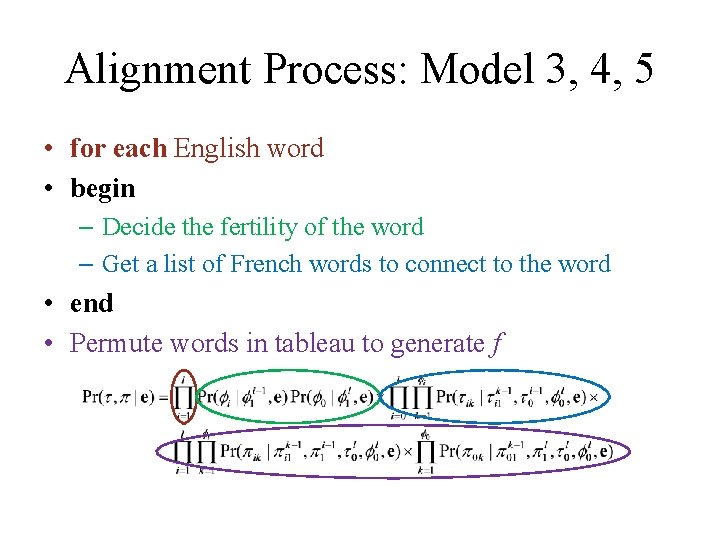Alignment Process: Model 3, 4, 5 • for each English word • begin – Alignment Process: Model 3, 4, 5 • for each English word • begin –