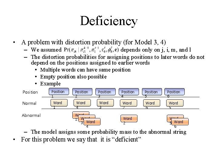 Deficiency • A problem with distortion probability (for Model 3, 4) – We assumed Deficiency • A problem with distortion probability (for Model 3, 4) – We assumed