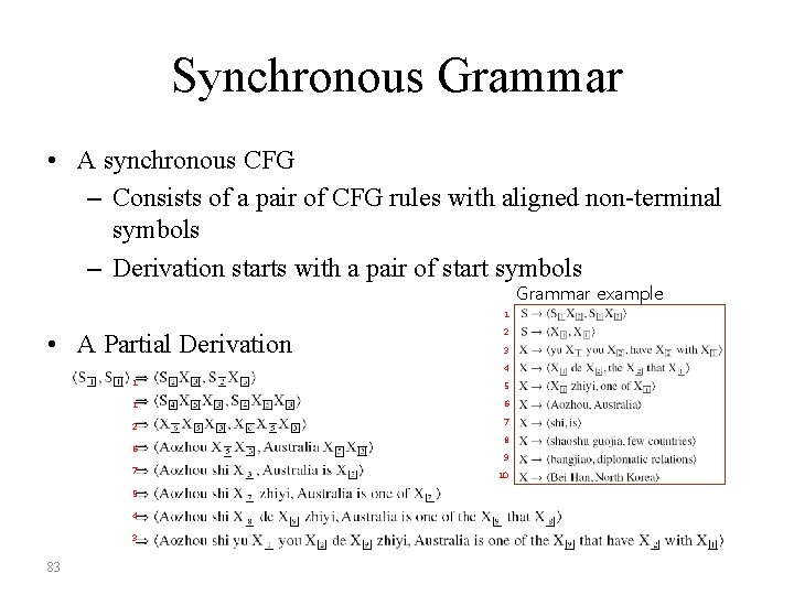 Synchronous Grammar • A synchronous CFG – Consists of a pair of CFG rules Synchronous Grammar • A synchronous CFG – Consists of a pair of CFG rules