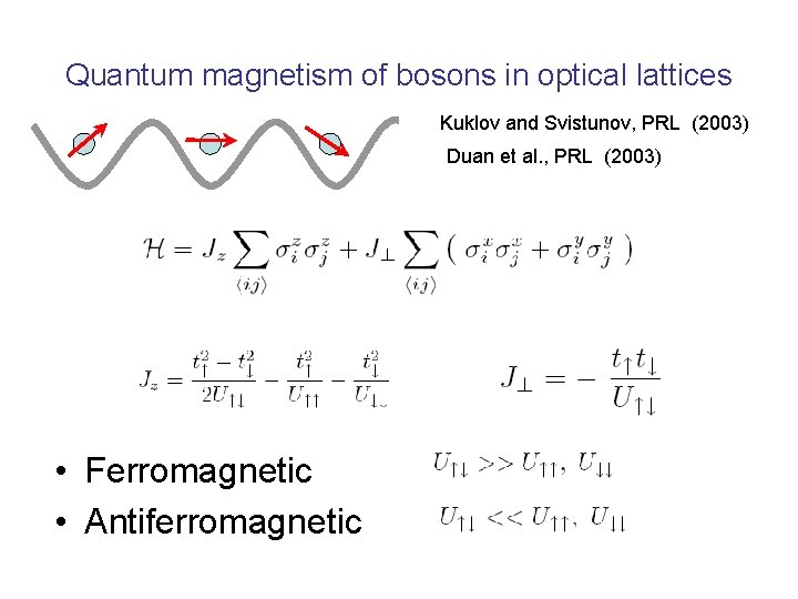 Quantum magnetism of bosons in optical lattices Kuklov and Svistunov, PRL (2003) Duan et