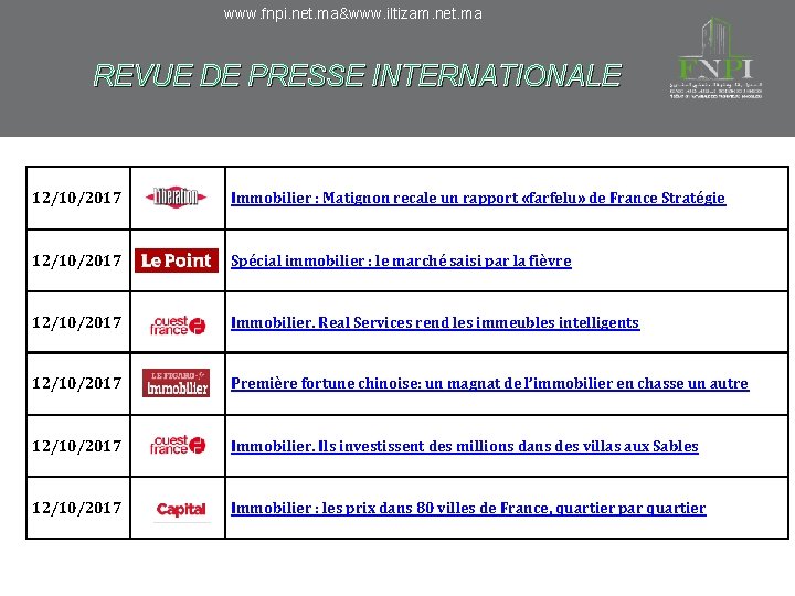 www. fnpi. net. ma&www. iltizam. net. ma REVUE DE PRESSE INTERNATIONALE 12/10/2017 Immobilier :