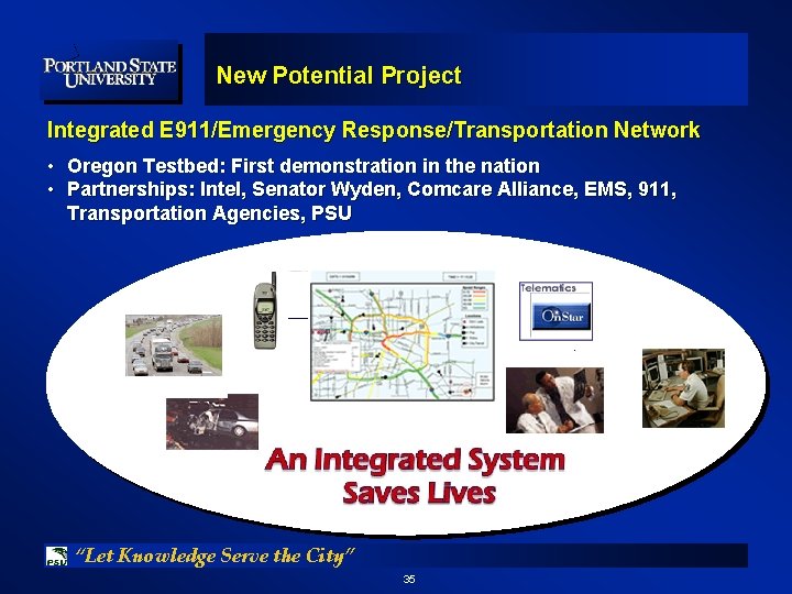 New Potential Project Integrated E 911/Emergency Response/Transportation Network • Oregon Testbed: First demonstration in