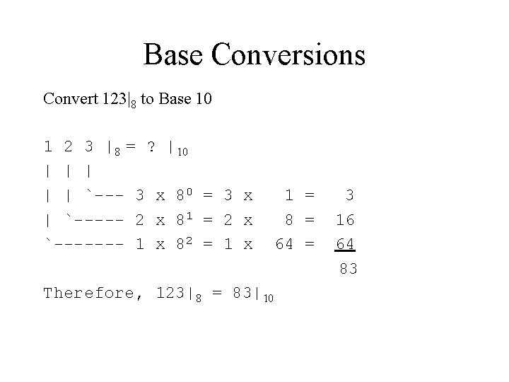 Base Conversions Convert 123|8 to Base 10 1 2 3 |8 = ? |10