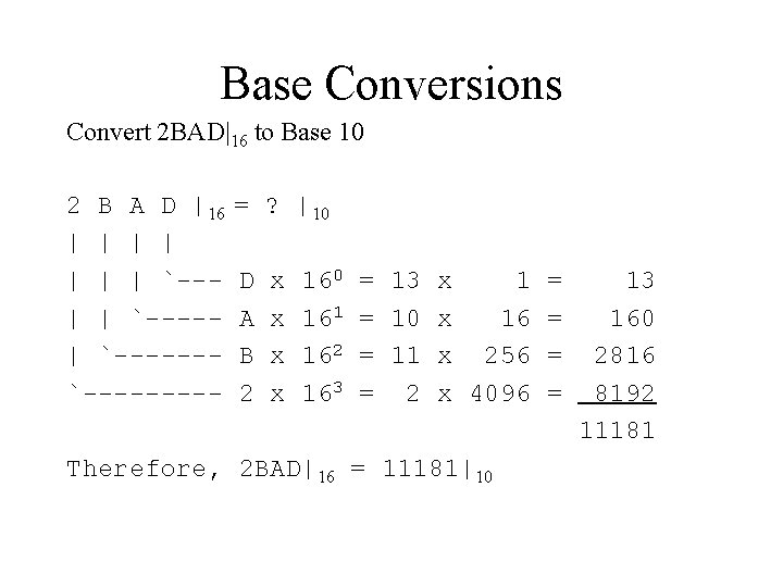 Base Conversions Convert 2 BAD|16 to Base 10 2 B A D |16 |