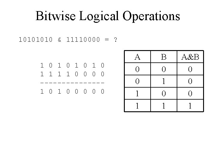 Bitwise Logical Operations 1010 & 11110000 = ? 1 0 1 0 1 1