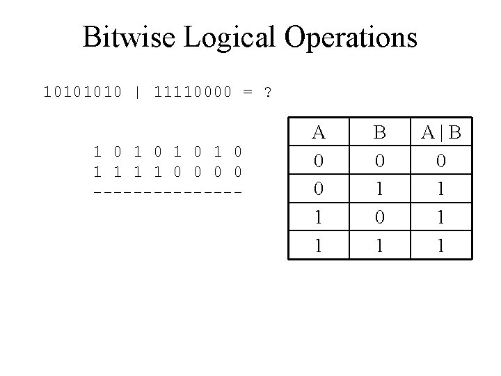 Bitwise Logical Operations 1010 | 11110000 = ? 1 0 1 0 1 1