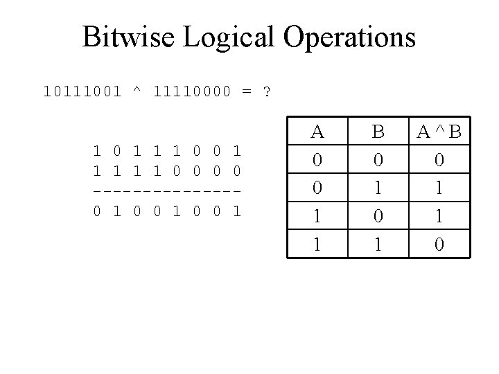 Bitwise Logical Operations 10111001 ^ 11110000 = ? 1 0 1 1 1 0