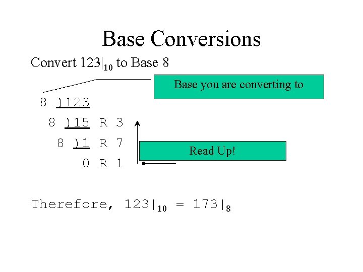 Base Conversions Convert 123|10 to Base 8 Base you are converting to 8 )123