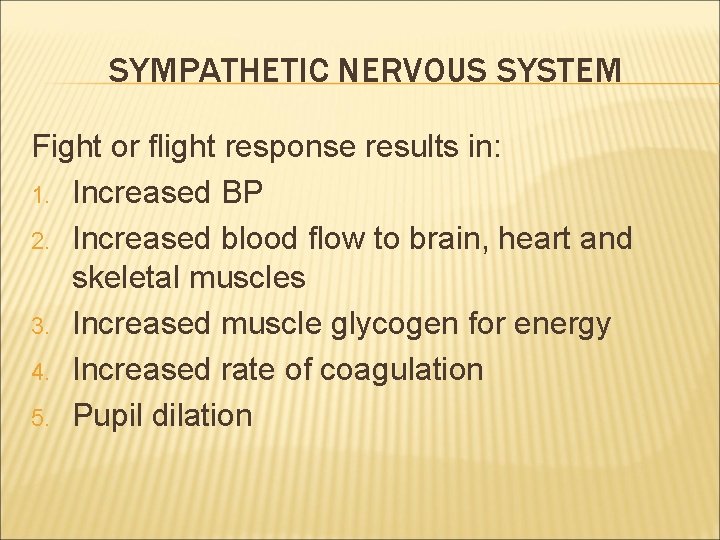 SYMPATHETIC NERVOUS SYSTEM Fight or flight response results in: 1. Increased BP 2. Increased