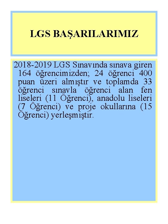 LGS BAŞARILARIMIZ 2018 -2019 LGS Sınavında sınava giren 164 öğrencimizden; 24 öğrenci 400 puan