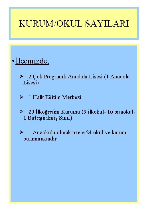 KURUM/OKUL SAYILARI • İlçemizde; Ø 2 Çok Programlı Anadolu Lisesi (1 Anadolu Lisesi) Ø