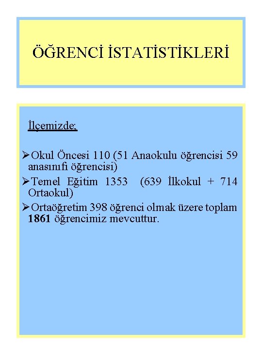 ÖĞRENCİ İSTATİSTİKLERİ İlçemizde; ØOkul Öncesi 110 (51 Anaokulu öğrencisi 59 anasınıfı öğrencisi) ØTemel Eğitim