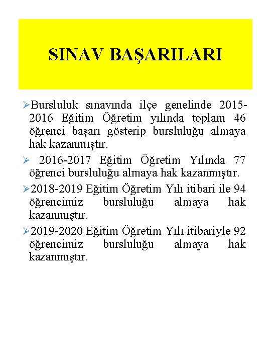 SINAV BAŞARILARI ØBursluluk sınavında ilçe genelinde 2015 - 2016 Eğitim Öğretim yılında toplam 46