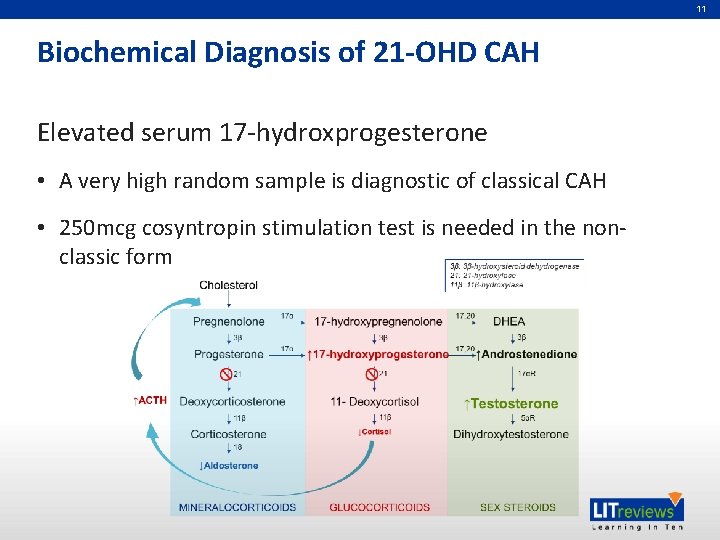11 Biochemical Diagnosis of 21 -OHD CAH Elevated serum 17 -hydroxprogesterone • A very
