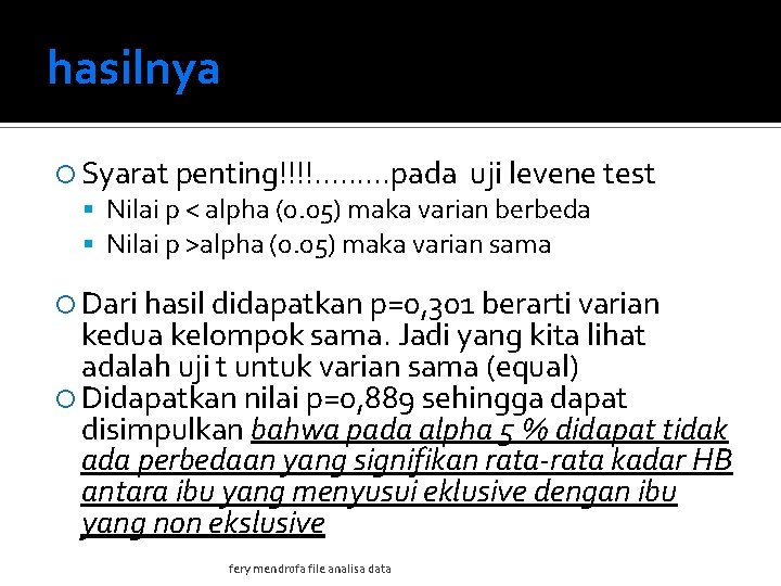 hasilnya Syarat penting!!!!. . pada uji levene test Nilai p < alpha (0. 05)