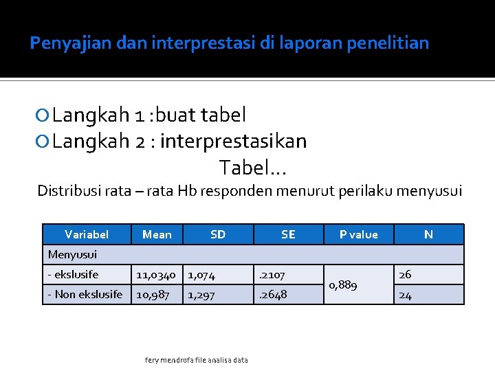 Penyajian dan interprestasi di laporan penelitian Langkah 1 : buat tabel Langkah 2 :