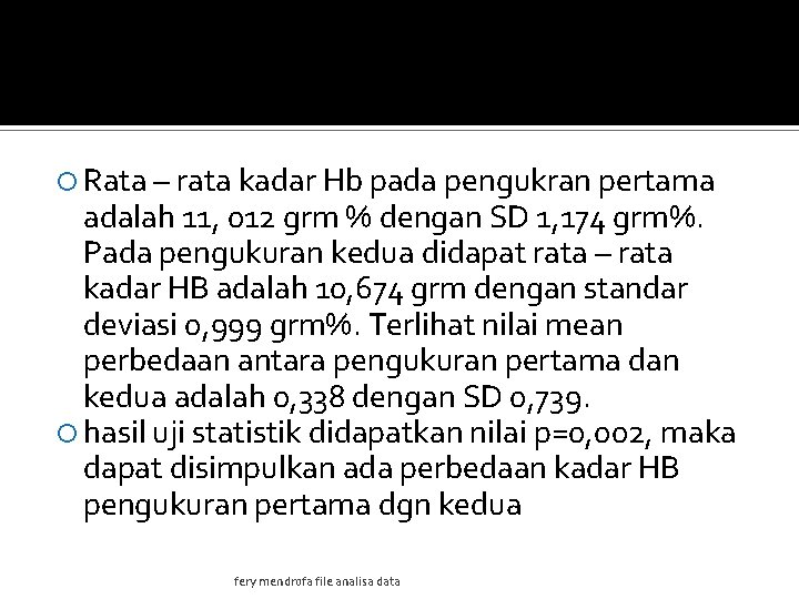  Rata – rata kadar Hb pada pengukran pertama adalah 11, 012 grm %