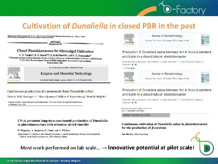 Cultivation of Dunaliella in closed PBR in the past Most work performed on lab