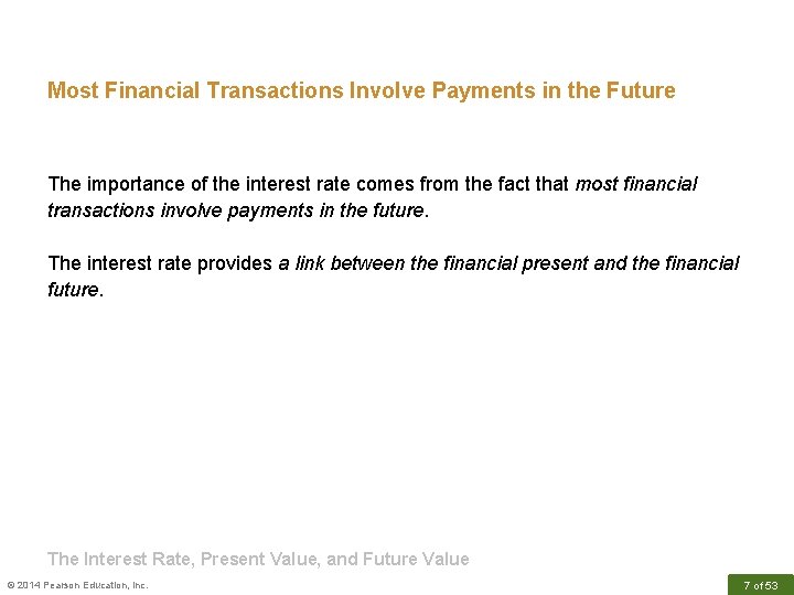 Most Financial Transactions Involve Payments in the Future The importance of the interest rate