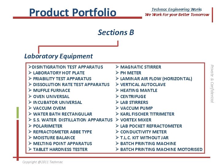 Product Portfolio Techmac Engineering Works We Work For your Better Tomorrow Sections B Laboratory