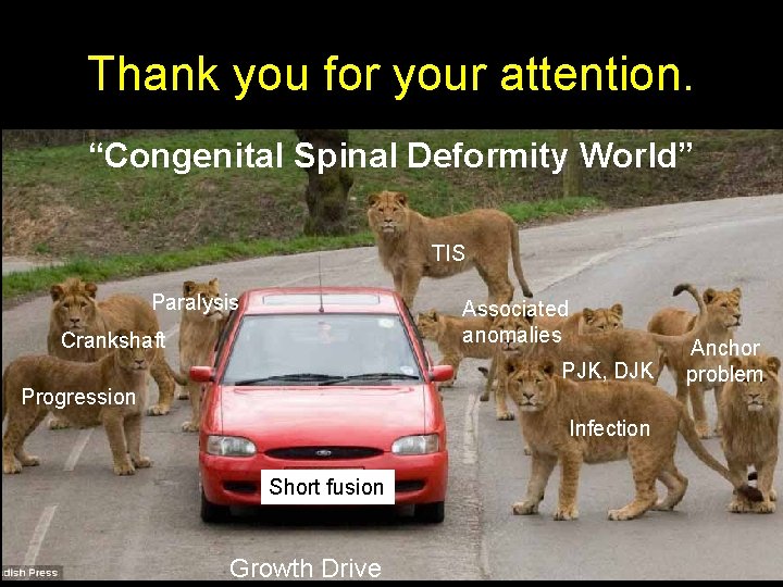Thank you for your attention. “Congenital Spinal Deformity World” TIS Paralysis Associated anomalies Crankshaft