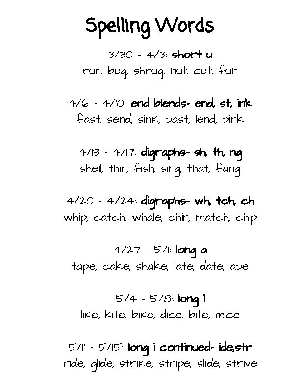 Spelling Words 3/30 - 4/3: short u run, bug, shrug, nut, cut, fun 4/6