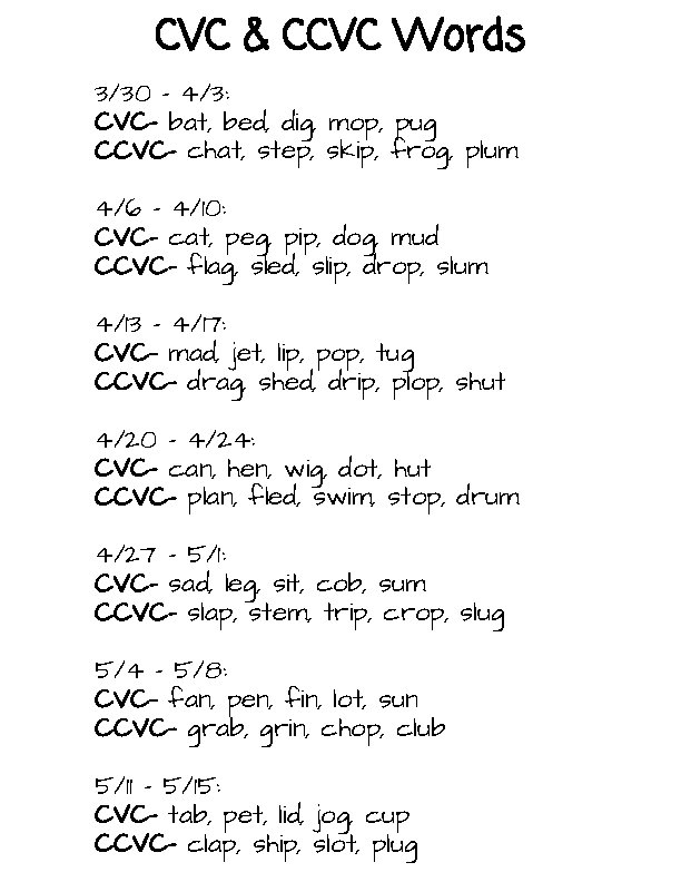 CVC & CCVC Words 3/30 - 4/3: CVC- bat, bed, dig, mop, pug CCVC-