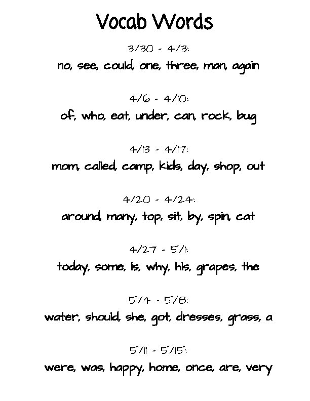 Vocab Words 3/30 - 4/3: no, see, could, one, three, man, again 4/6 -
