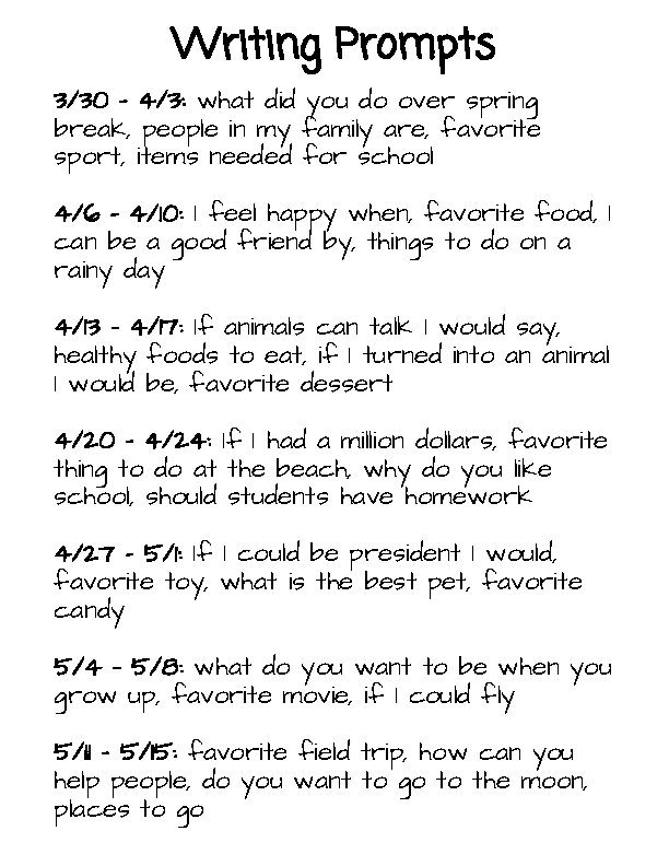 Writing Prompts 3/30 - 4/3: what did you do over spring break, people in