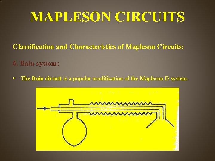 MAPLESON CIRCUITS Classification and Characteristics of Mapleson Circuits: 6. Bain system: • The Bain