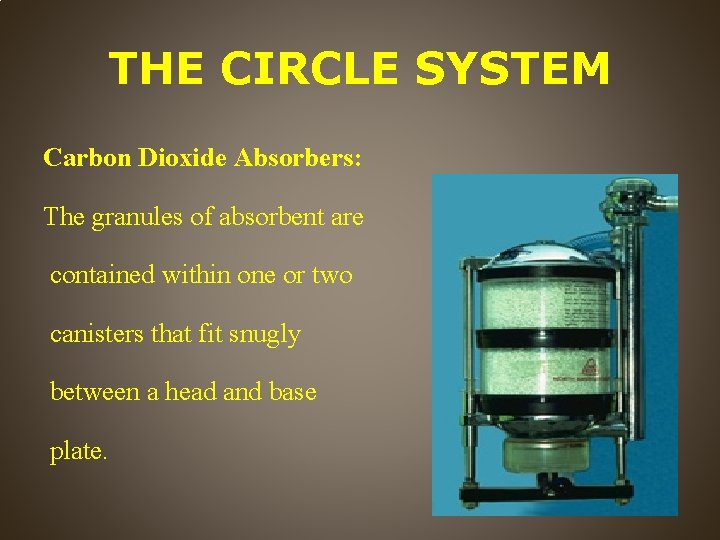 THE CIRCLE SYSTEM Carbon Dioxide Absorbers: The granules of absorbent are contained within one