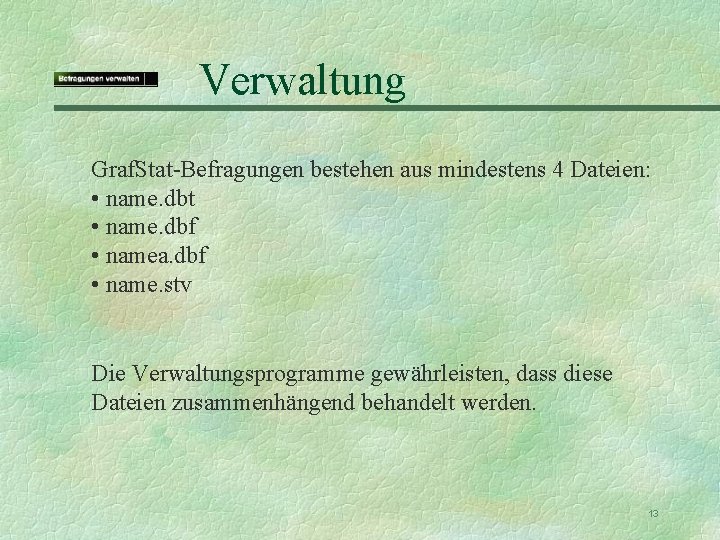 Verwaltung Graf. Stat-Befragungen bestehen aus mindestens 4 Dateien: • name. dbt • name. dbf