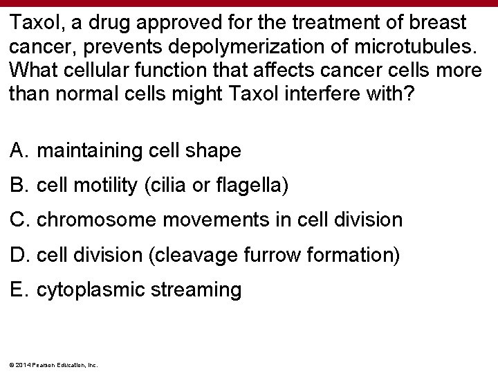 Taxol, a drug approved for the treatment of breast cancer, prevents depolymerization of microtubules.